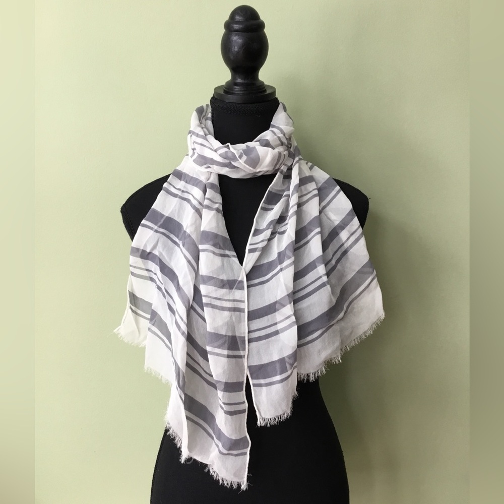 Echo Vintage Silk Striped Fringed Gray Cream Oblong Scarf